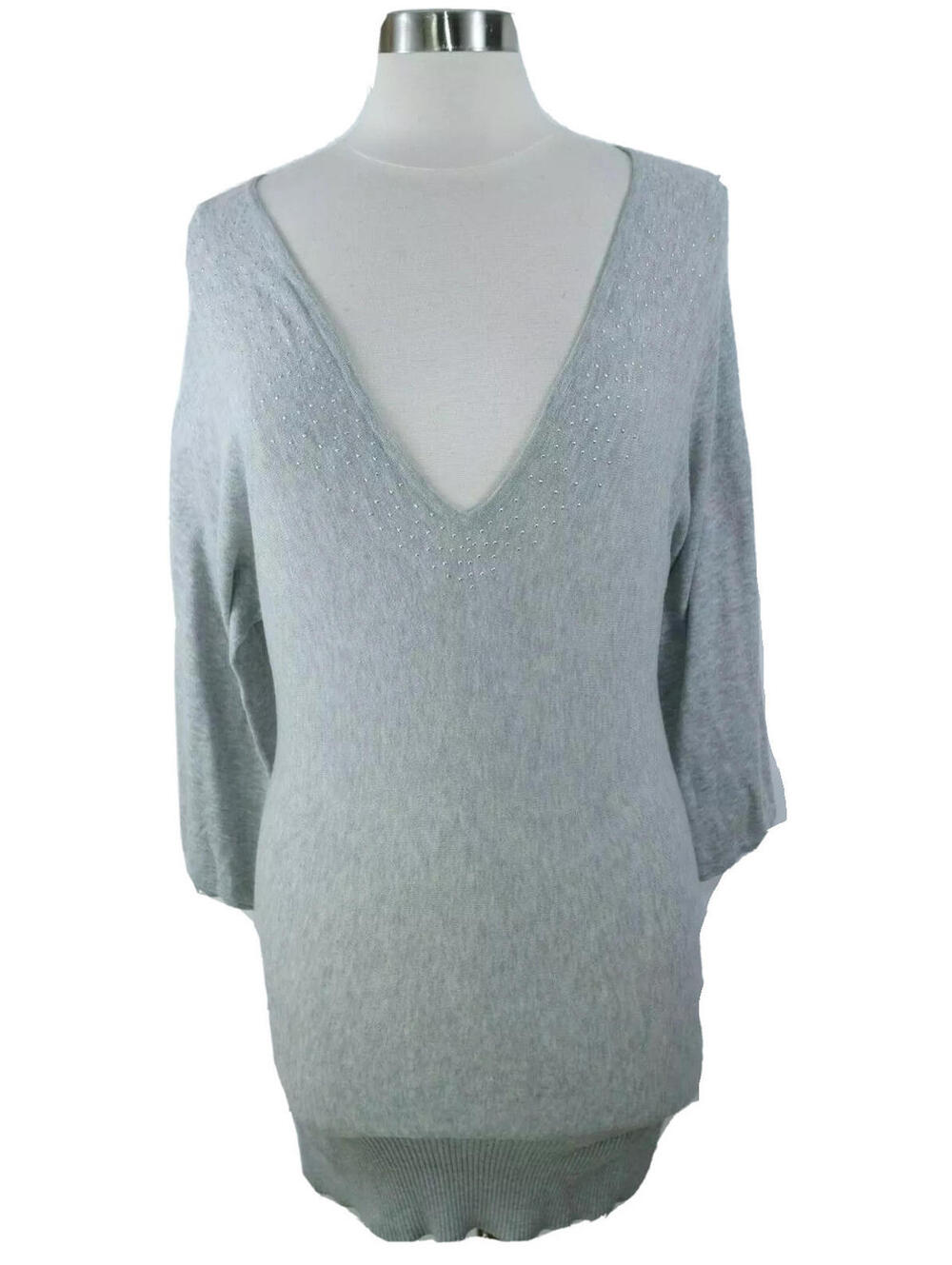Express Womens Sheer Cotton 1/2 Sleeve V Neck Gray Sequin Tunic Sweater Medium
